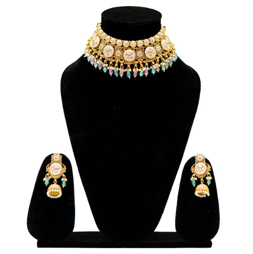 Antique Gold Choker Necklace Set with Green Beads